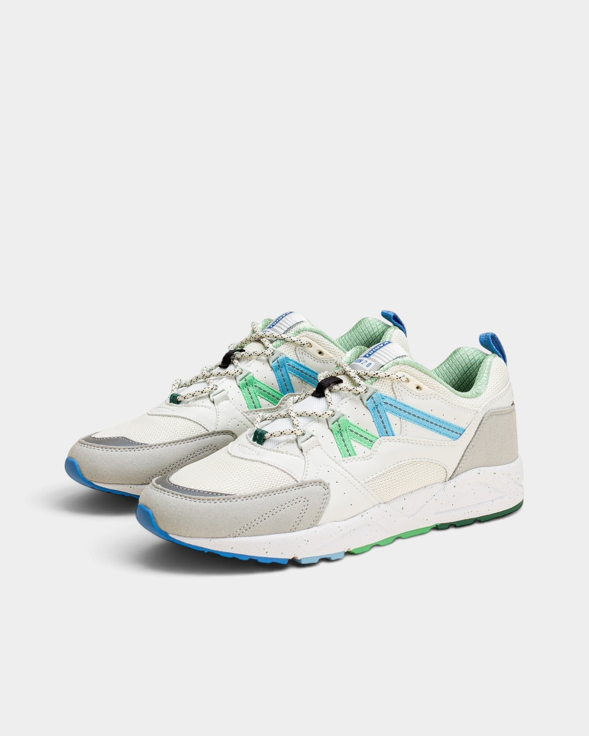 Lockwood Avenue Karhu Fusion 2.0 sneakers in white, blue, and green suede, leather, and mesh with a speckled midsole.