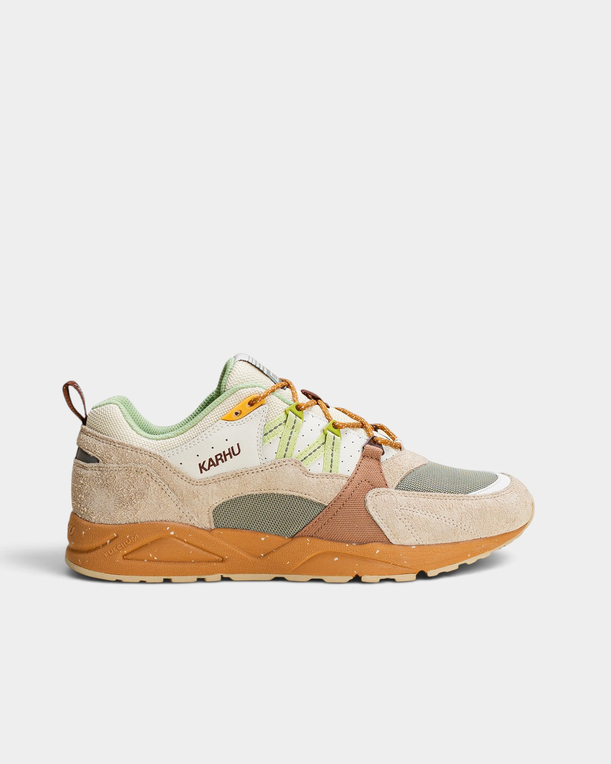 Lockwood Avenue Karhu Fusion 2.0 sneakers in turtledove off-white and shadow lime green suede, leather, and mesh.