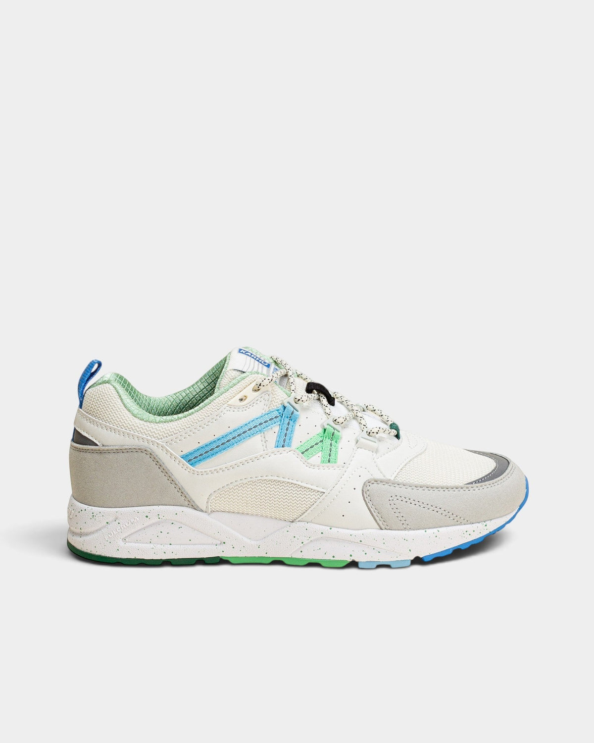 Lockwood Avenue Karhu Fusion 2.0 sneakers in white, grey, and blue with mesh, suede, and leather panels.