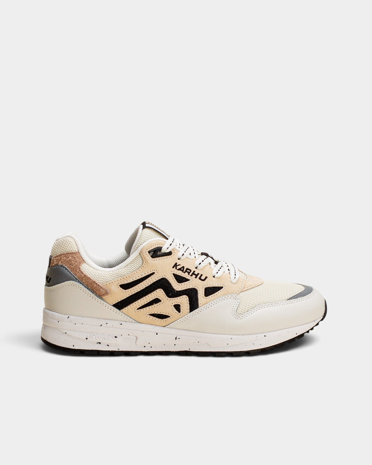 Lockwood Avenue Karhu Legacy 96 sneakers in off-white and wood-tone suede, leather, and mesh with Air Cushion heel.