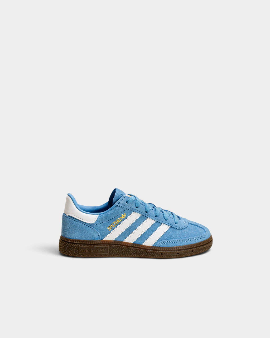 Lockwood Avenue kids adidas Handball Spezial shoes in light blue suede with white stripes and gum rubber sole.