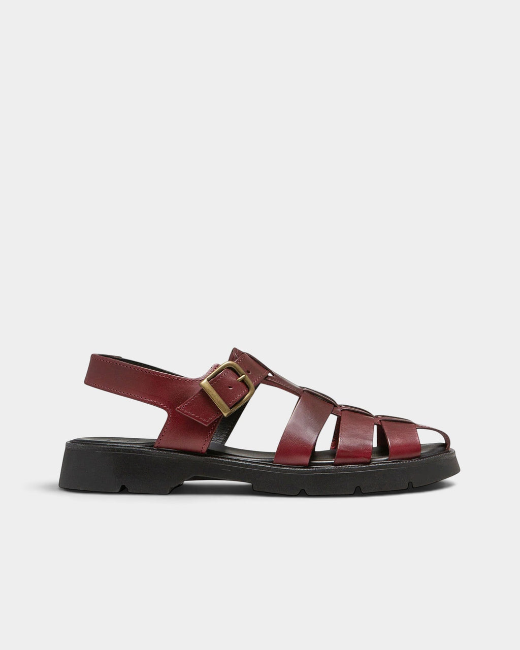 Lockwood Avenue Kleman Babord fisherman sandals in bordeaux leather with a thick black rubber lug sole and buckle.