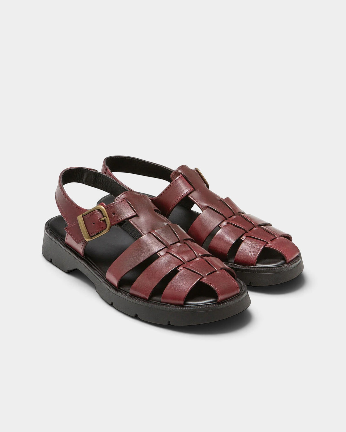 Lockwood Avenue Kleman Babord bordeaux leather fisherman sandals with wide straps and a thick rubber lug sole.