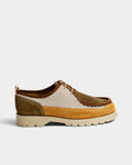 Lockwood Avenue Kleman Bastille low lace-up derby shoes in mustard, ecru, and khaki ribbed suede with a lug sole.