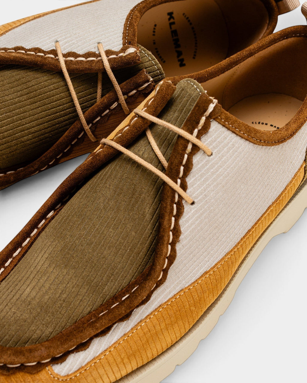 Lockwood Avenue Kleman Bastille low lace-up derby shoes in mustard, ecru, and khaki ribbed suede cowhide.