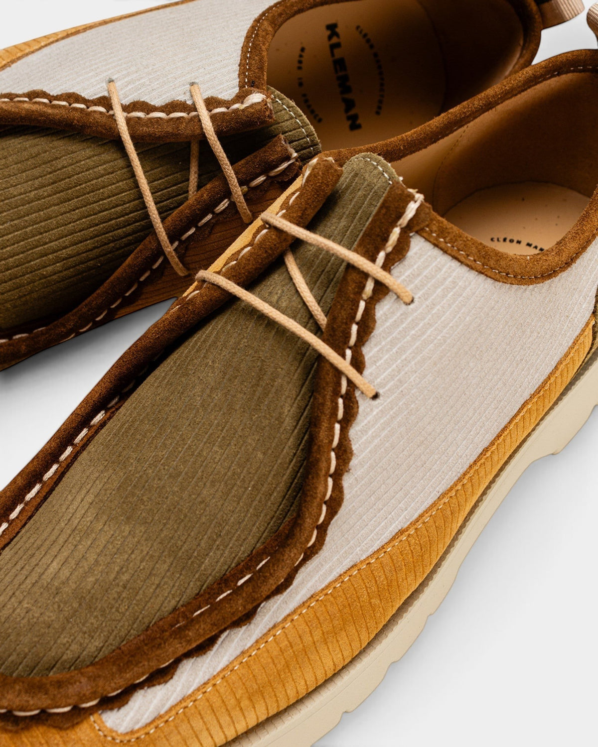 Lockwood Avenue Kleman Bastille low lace-up derby shoes in mustard, ecru, and khaki ribbed suede cowhide.