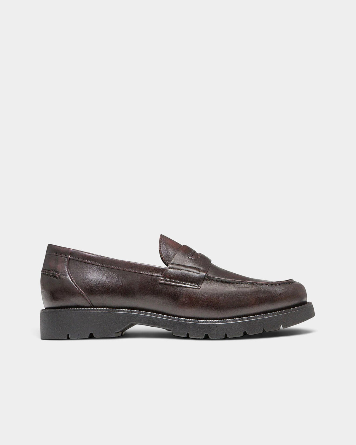 Lockwood Avenue Kleman Cotteur brown full-grain cowhide leather slip-on loafer with a rugged rubber lug sole.