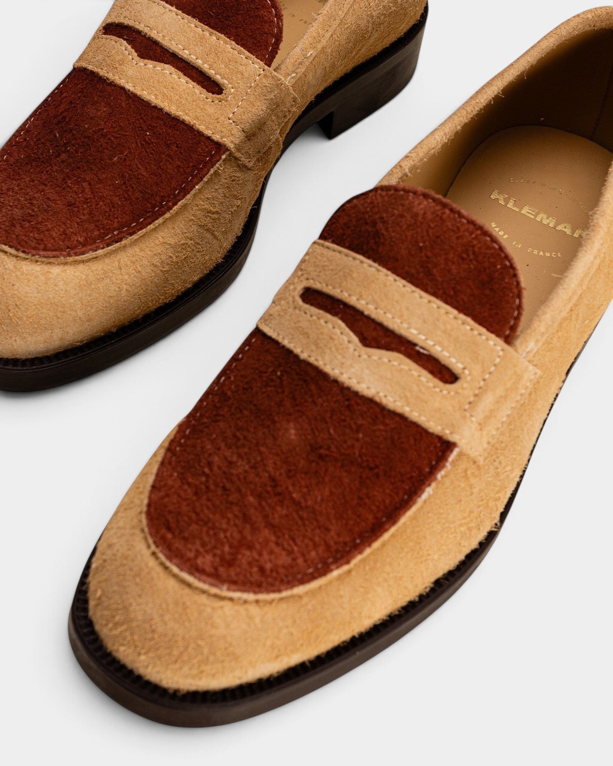 Lockwood Avenue Kleman Dalior 2 two-tone beige and cognac suede penny loafers with a durable rubber sole