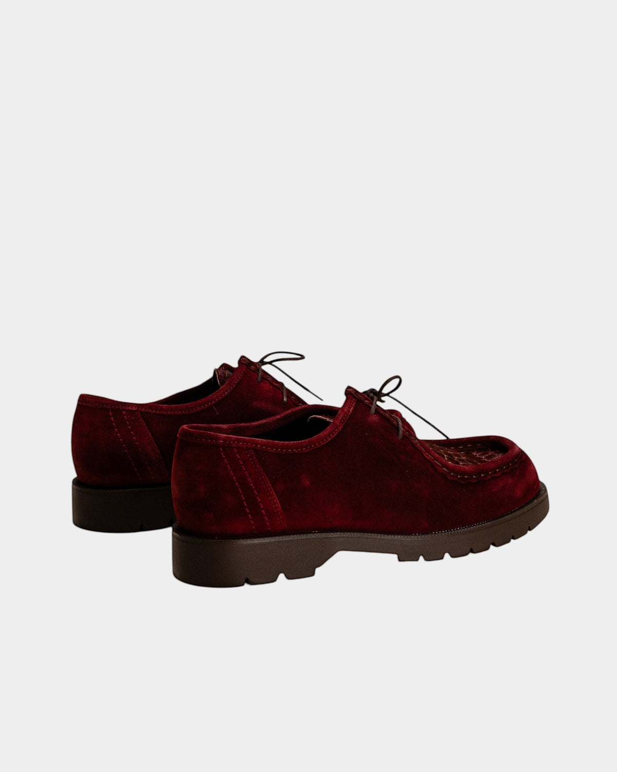 Lockwood Avenue Kleman Padrini V derby shoes in cerise suede with a chunky rubber lug sole and decorative stitching