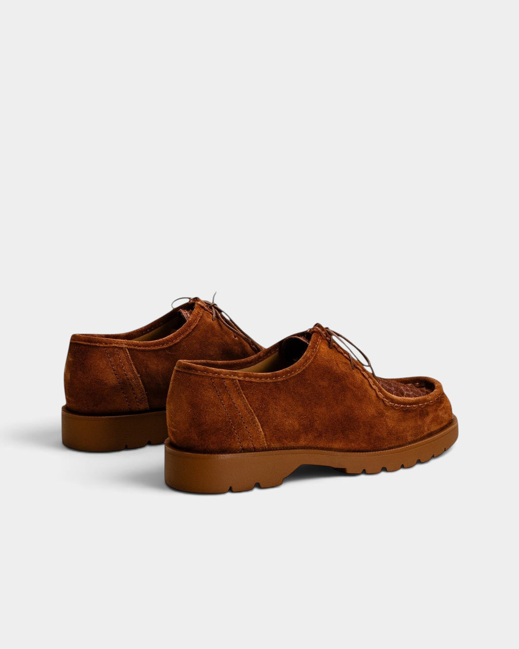 Lockwood Avenue Kleman Padrini V derby shoes in cognac suede with a chunky rubber lug sole and decorative stitching.