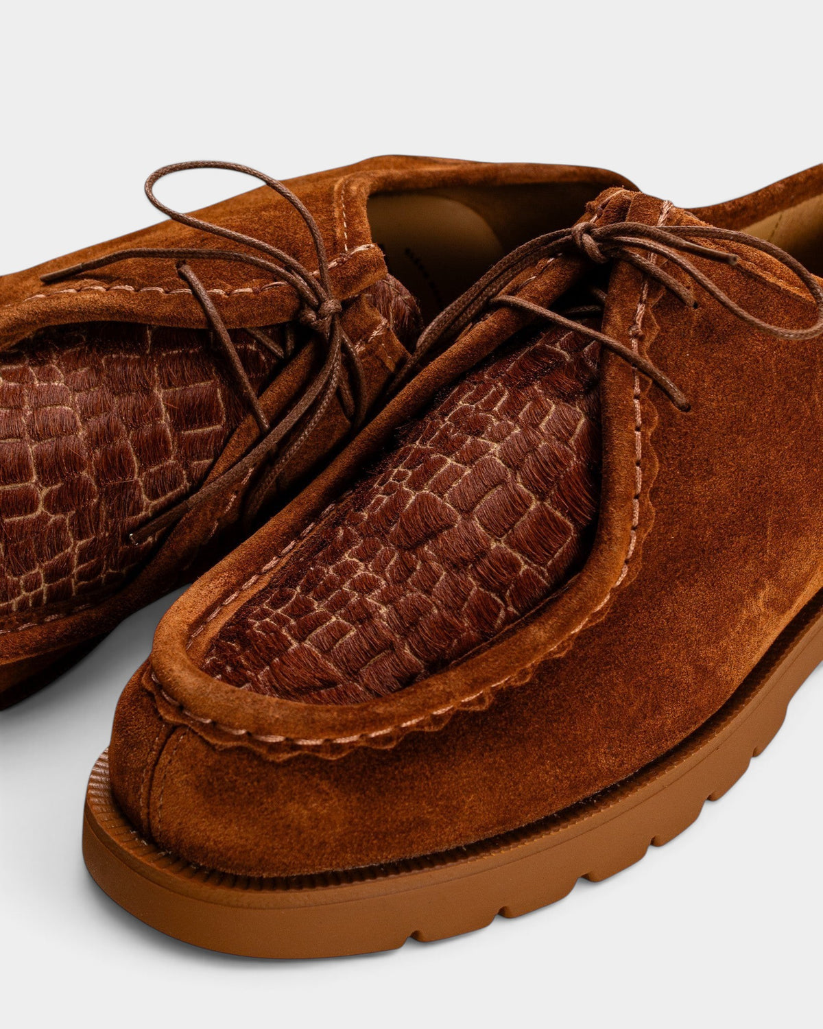 Lockwood Avenue Kleman Padrini V cognac suede derby shoes with textured croc-embossed panel and chunky rubber sole