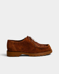 Lockwood Avenue Kleman Padrini V cognac suede derby shoes with chunky rubber lug sole and decorative stitching