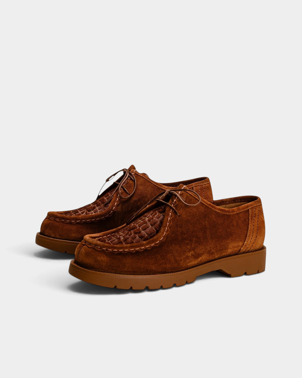 Lockwood Avenue Kleman Padrini V cognac suede derby shoes with chunky rubber lug soles and decorative stitching