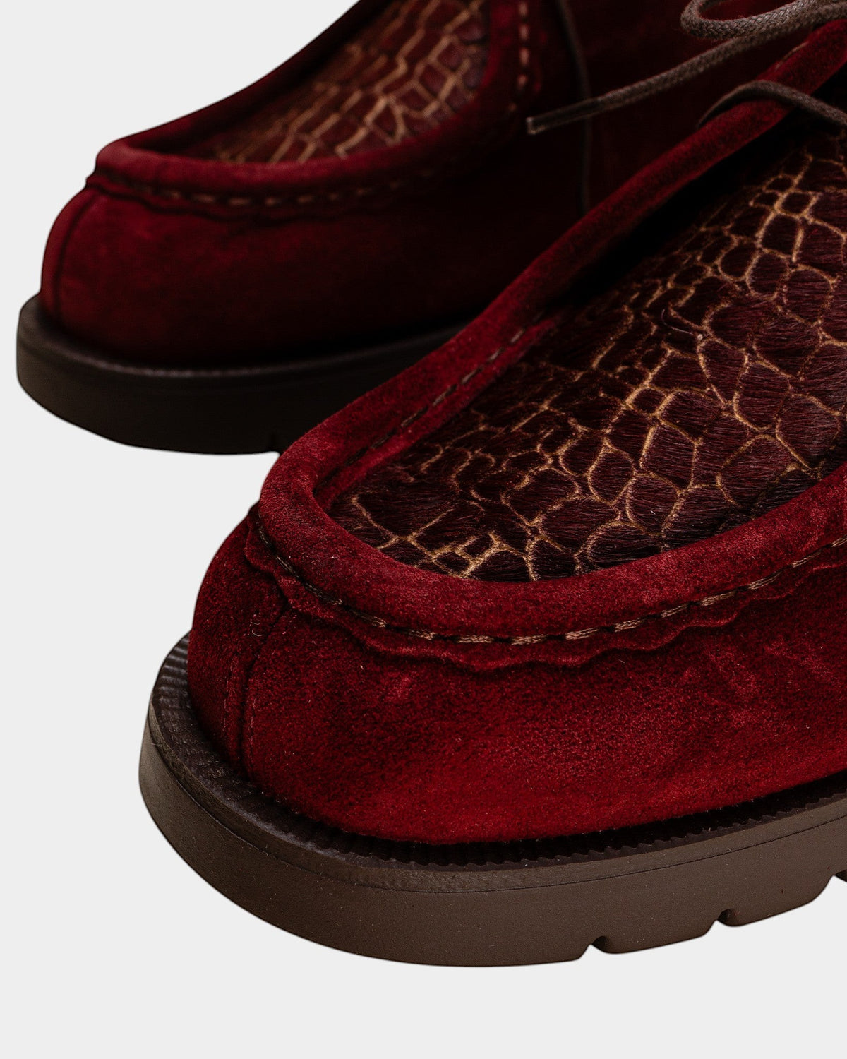 Lockwood Avenue Kleman Padrini V derby shoes in cerise suede with textured leather detail and chunky rubber lug sole