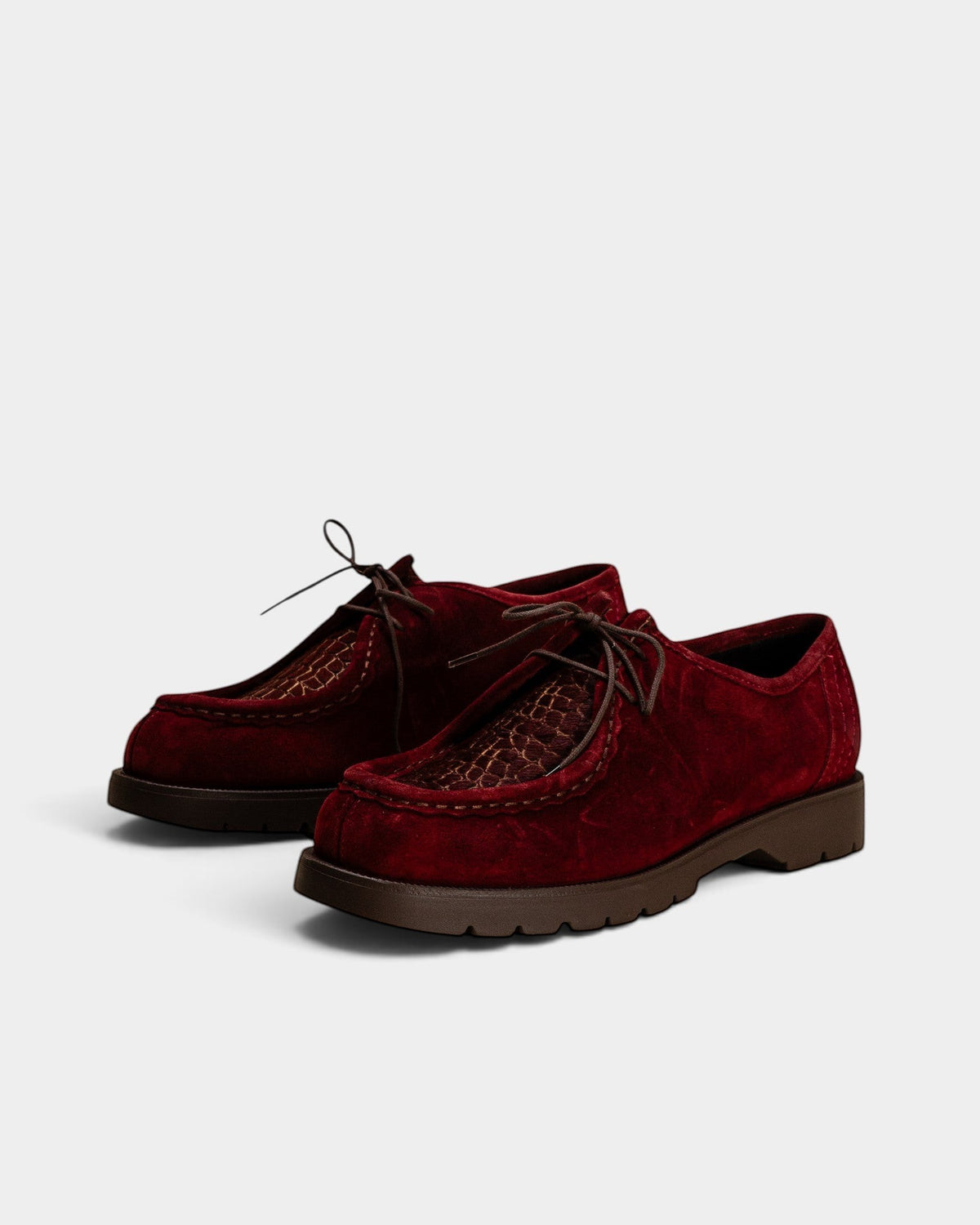 Lockwood Avenue Kleman Padrini V derby shoes in cerise cherry red suede with a chunky rubber lug sole