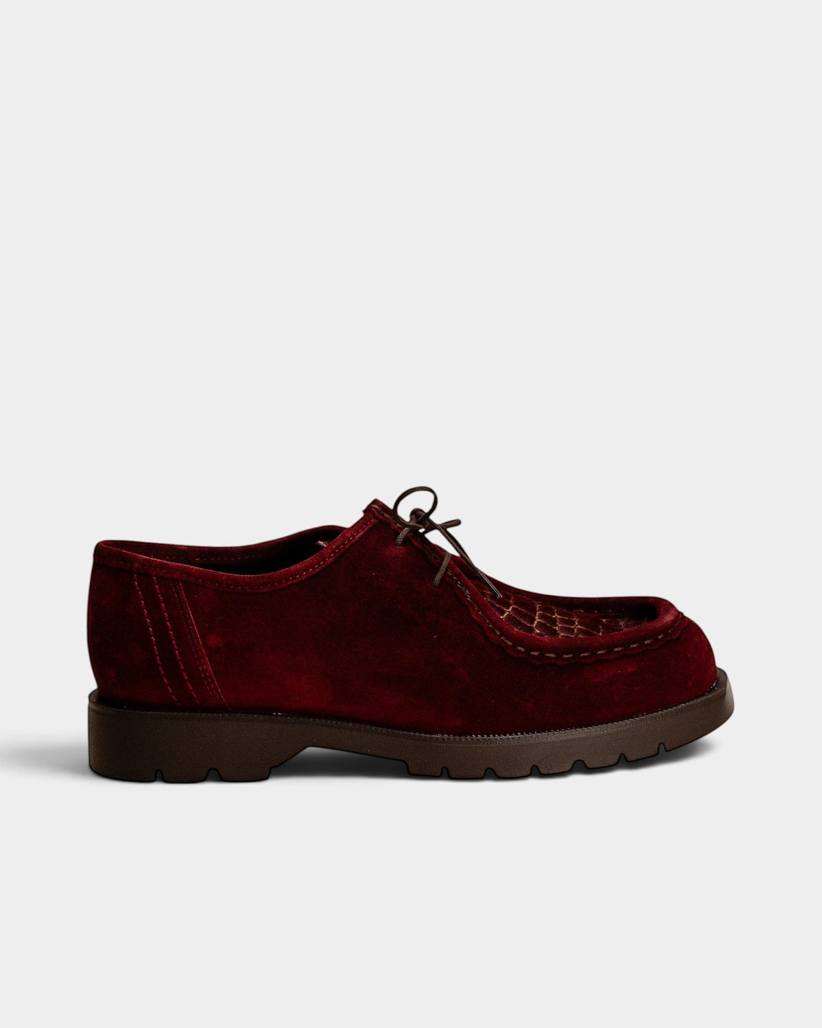 Lockwood Avenue Kleman Padrini V derby shoes in cerise suede with a chunky rubber lug sole and decorative stitching.