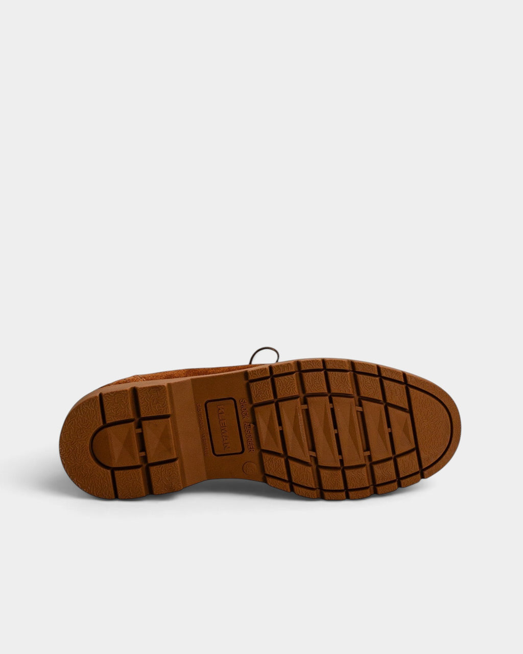 Lockwood Avenue Kleman Padrini V cognac suede derby shoe showing the chunky rubber lug outsole with shock absorber