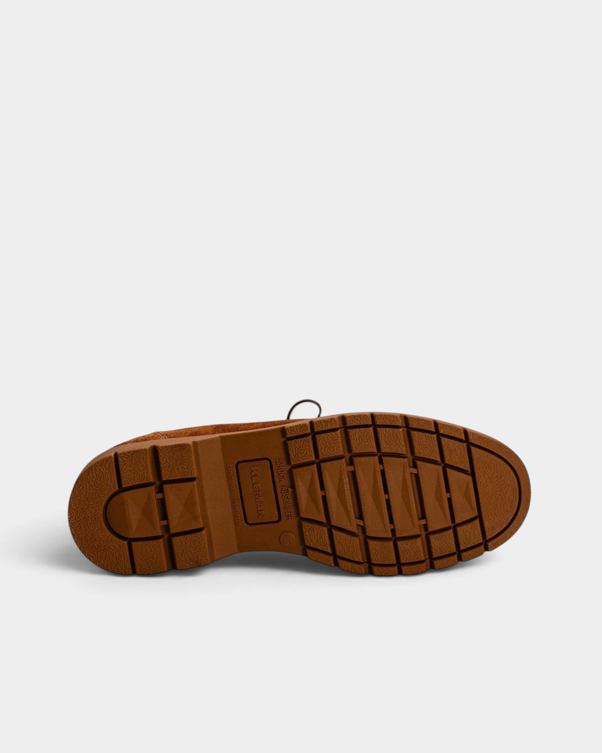 Lockwood Avenue Kleman Padrini V cognac suede derby shoe showing the chunky rubber lug outsole with shock absorber