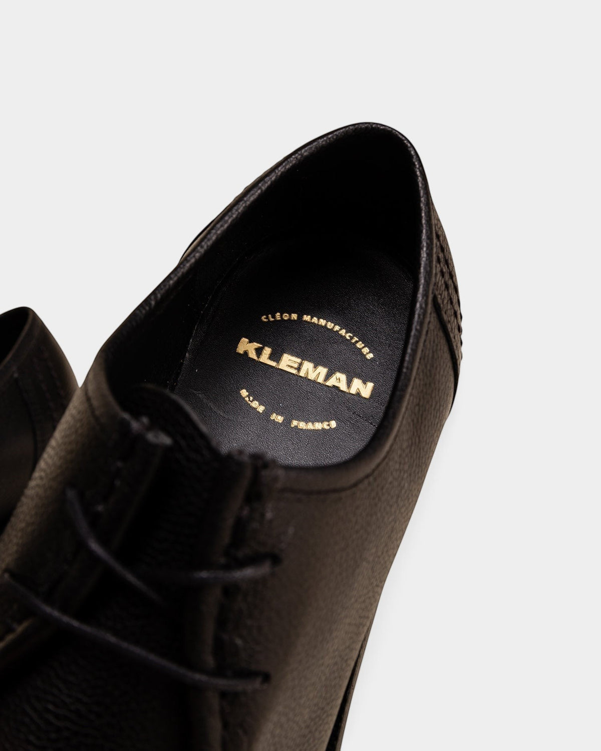 Lockwood Avenue Kleman Padror black grained leather derby shoe interior with gold branding on the insole