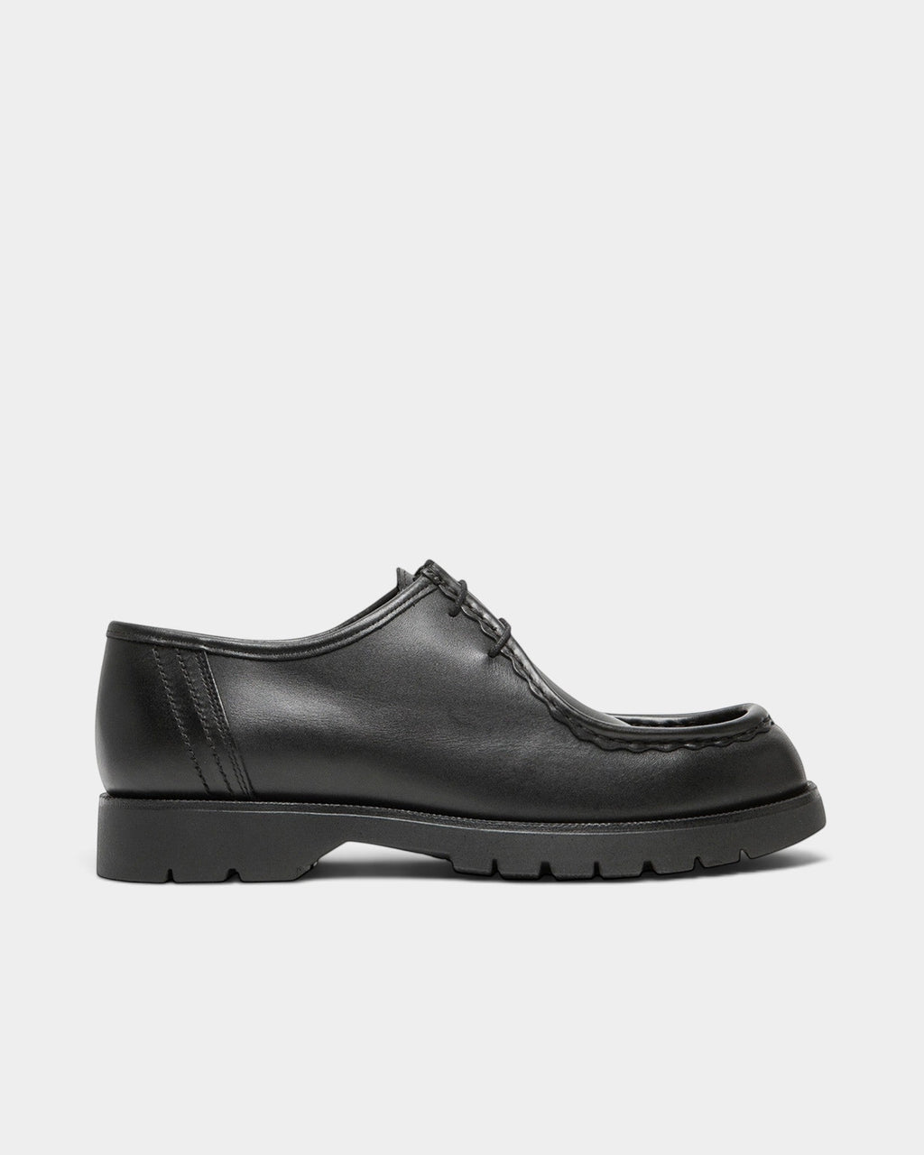 Lockwood Avenue Kleman Padror black full-grain leather derby shoe with serrated apron toe and chunky rubber lug sole