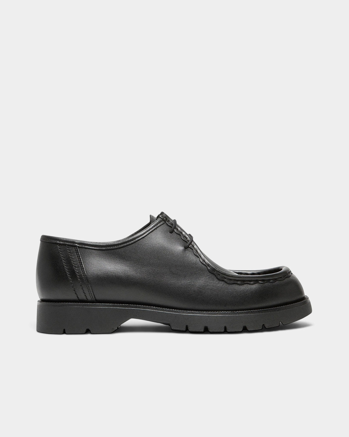 Lockwood Avenue Kleman Padror black full-grain leather derby shoe with serrated apron toe and chunky rubber lug sole