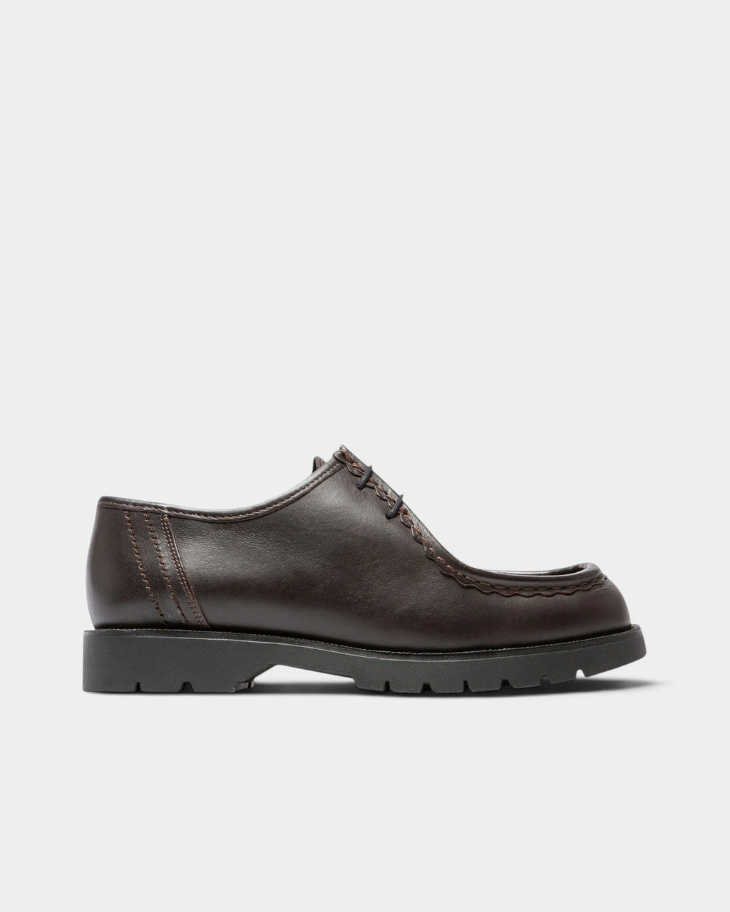Lockwood Avenue Kleman Padror brown leather derby shoe with apron toe, serrated stitching, and chunky black lug sole.