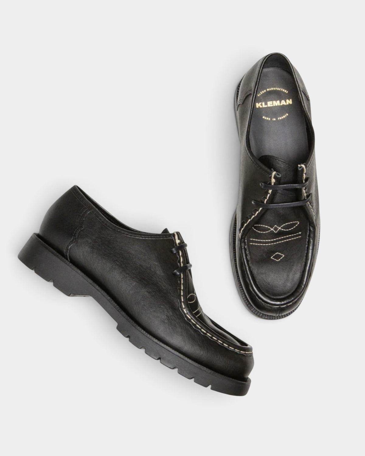 Lockwood Avenue Kleman Padror FLK black cowhide leather derby shoes with western-style decorative forefoot stitching