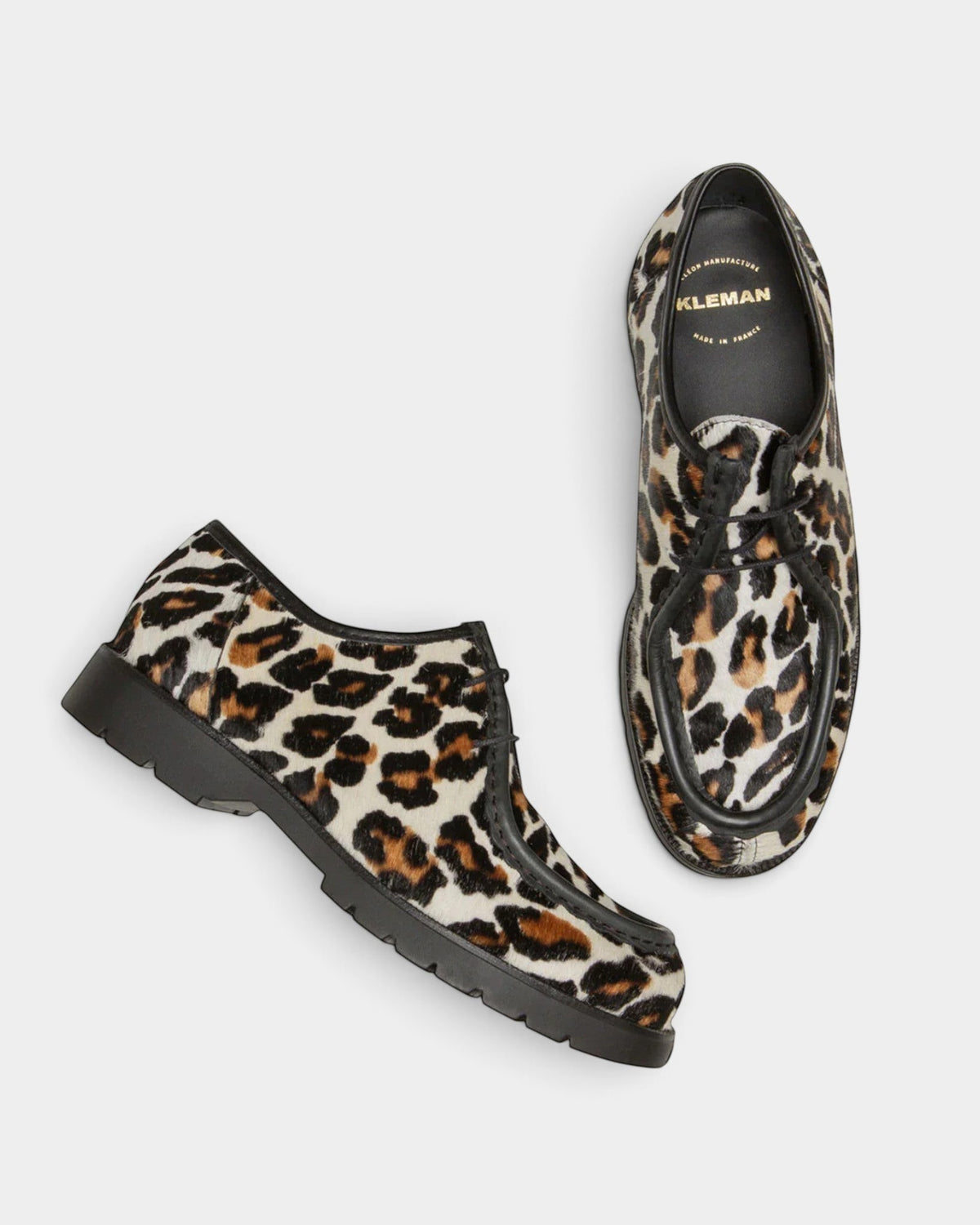 Lockwood Avenue Kleman Padror derby shoes in panther print cowhide leather with apron toe and rubber lug sole