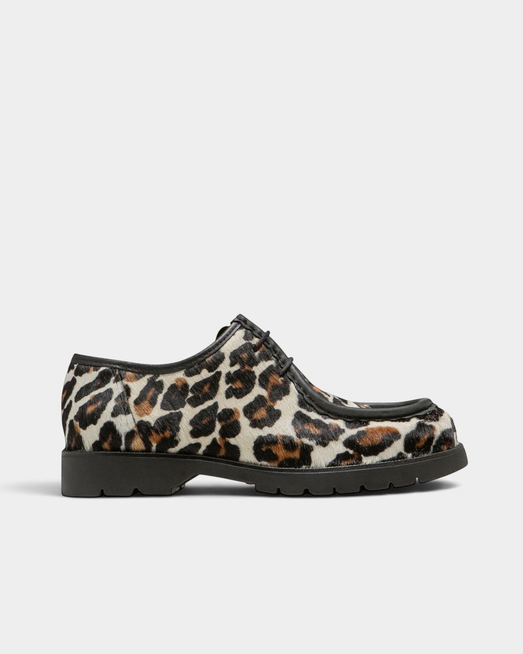 Lockwood Avenue Kleman Padror derby shoes in panther print cowhide leather with apron toe and black rubber lug sole.