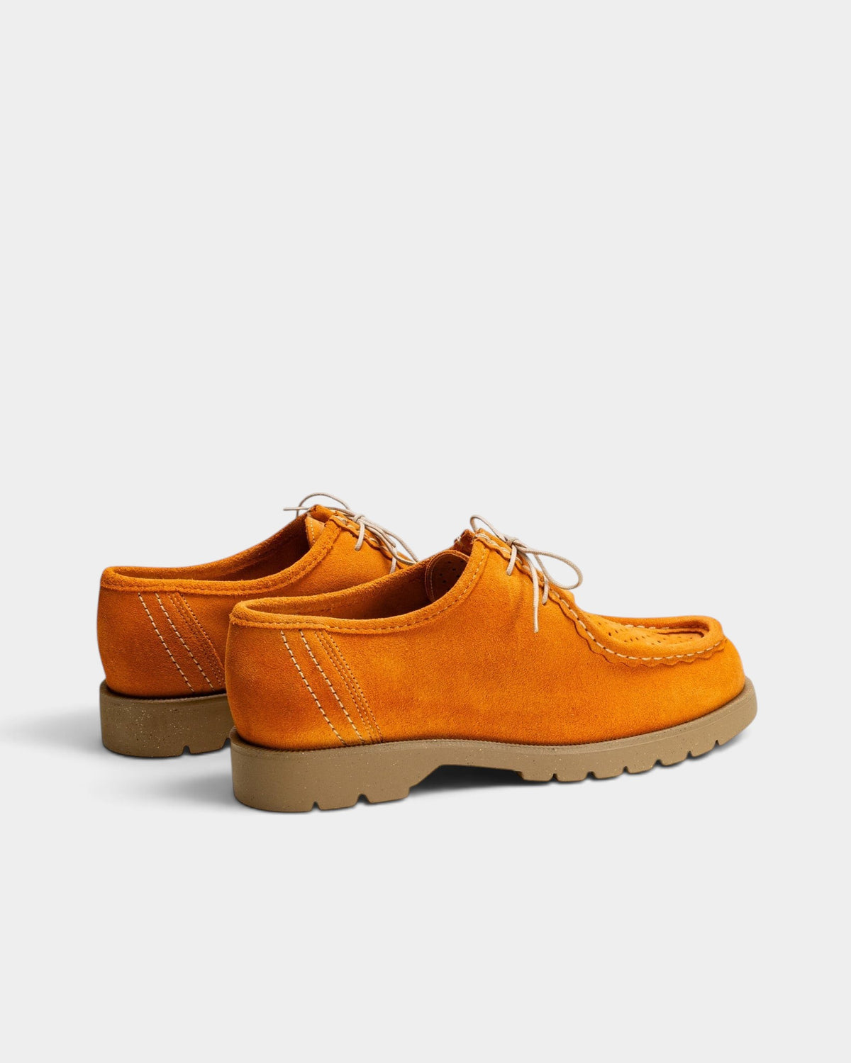 Lockwood Avenue Kleman Padror V Sum derby shoes in peach resin-treated suede with a rubber lug sole and apron toe.