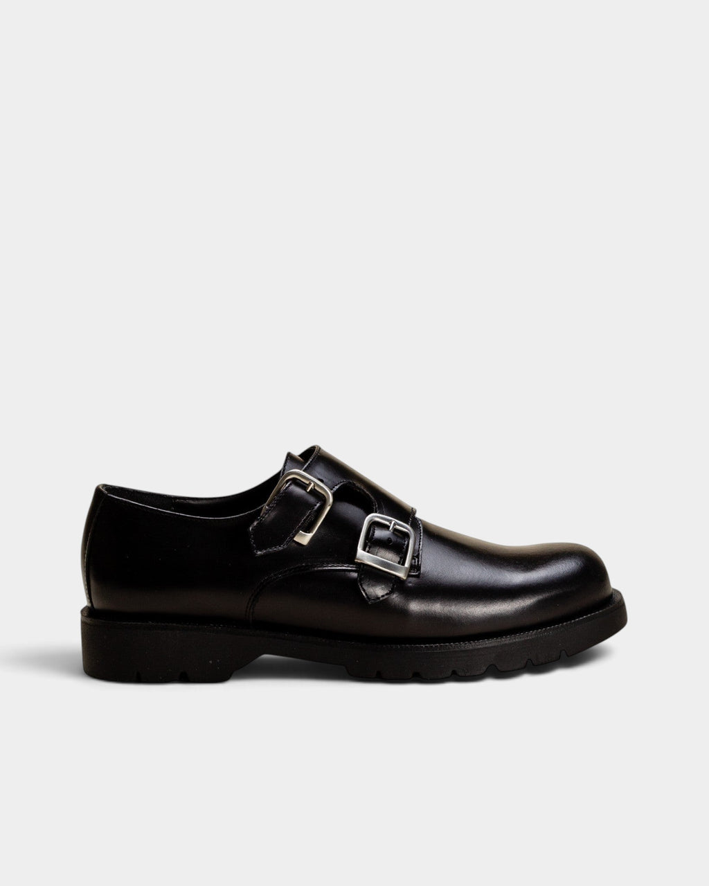 Lockwood Avenue Kleman Postier B2 black smooth leather monk strap shoes with twin silver buckles and rubber sole.