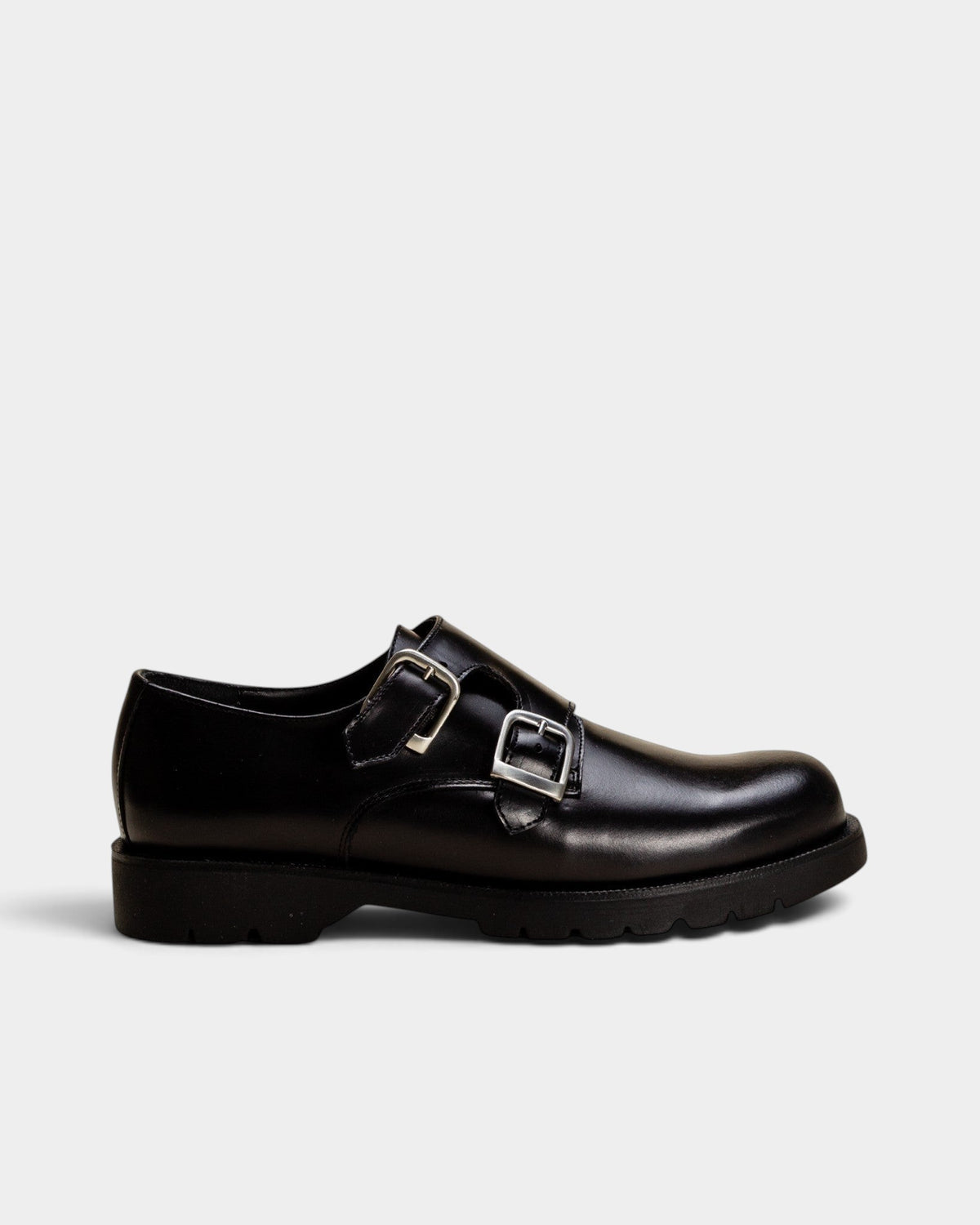 Lockwood Avenue Kleman Postier B2 black smooth leather monk strap shoes with twin silver buckles and rubber sole.