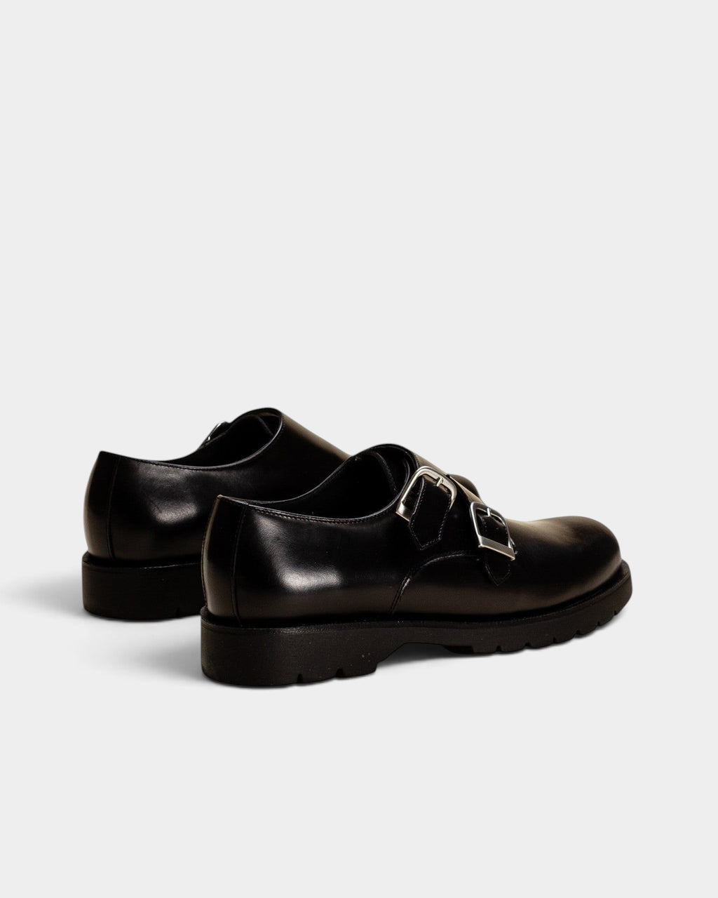 Lockwood Avenue Kleman Postier B2 black leather monk shoes with twin silver buckles and a durable rubber sole.