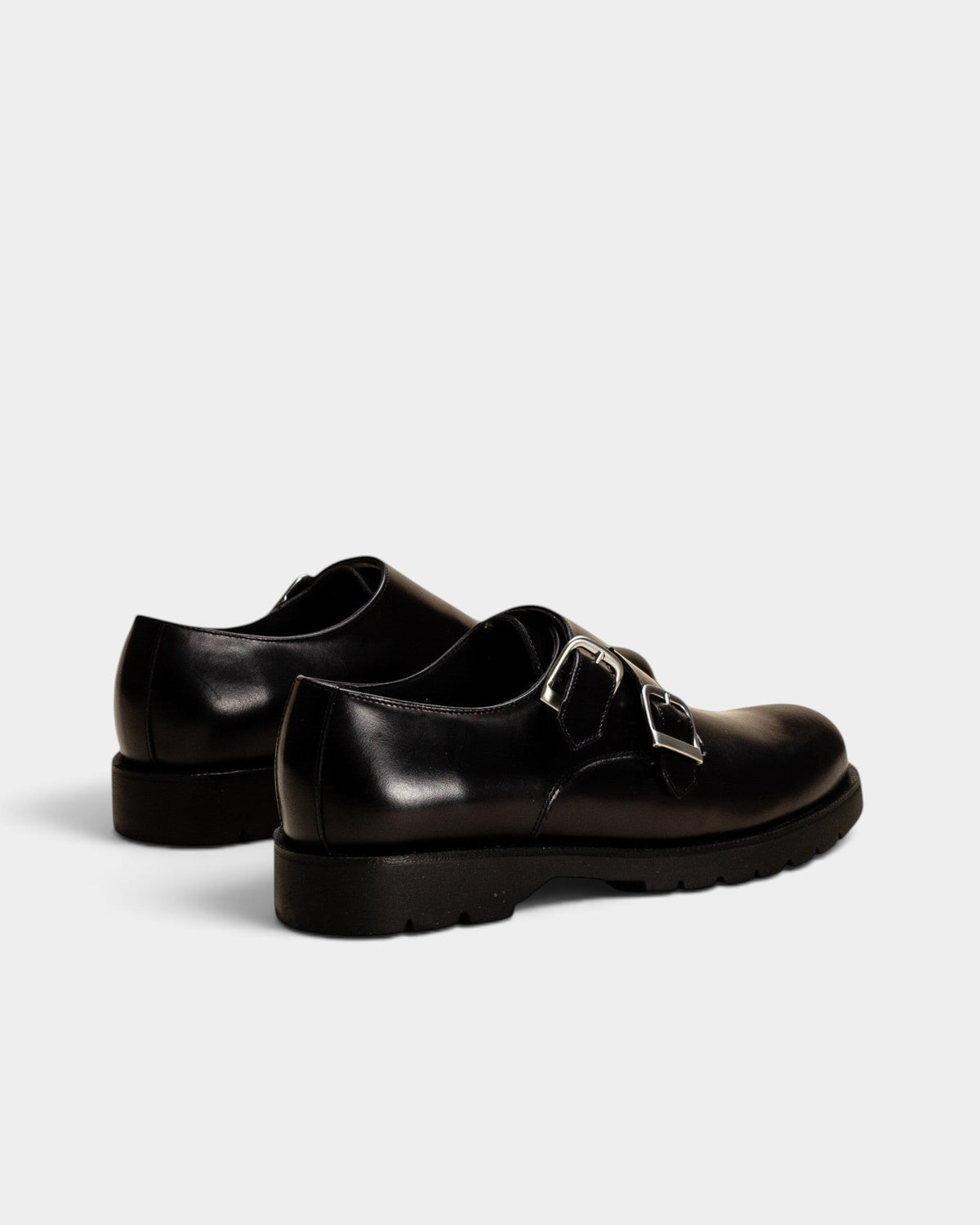 Lockwood Avenue Kleman Postier B2 black leather monk shoes with twin silver buckles and a durable rubber sole.