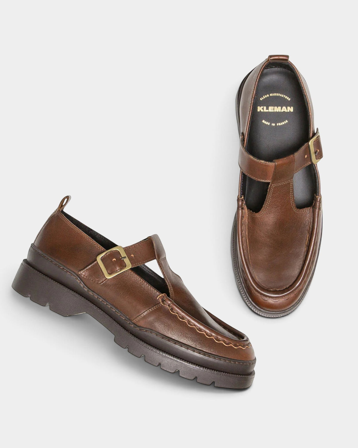 Lockwood Avenue Kleman Rade brown leather Mary Jane shoes with buckled strap and sturdy rubber lug sole.