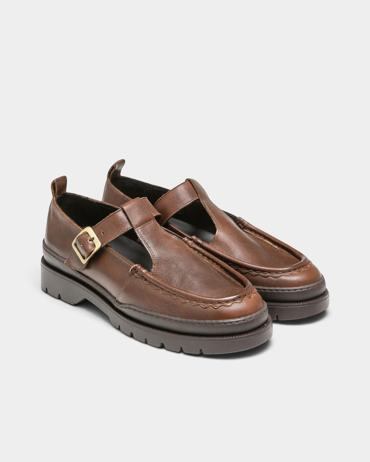 Lockwood Avenue Kleman Rade brown leather Mary Jane shoes with buckled strap and chunky rubber lug sole