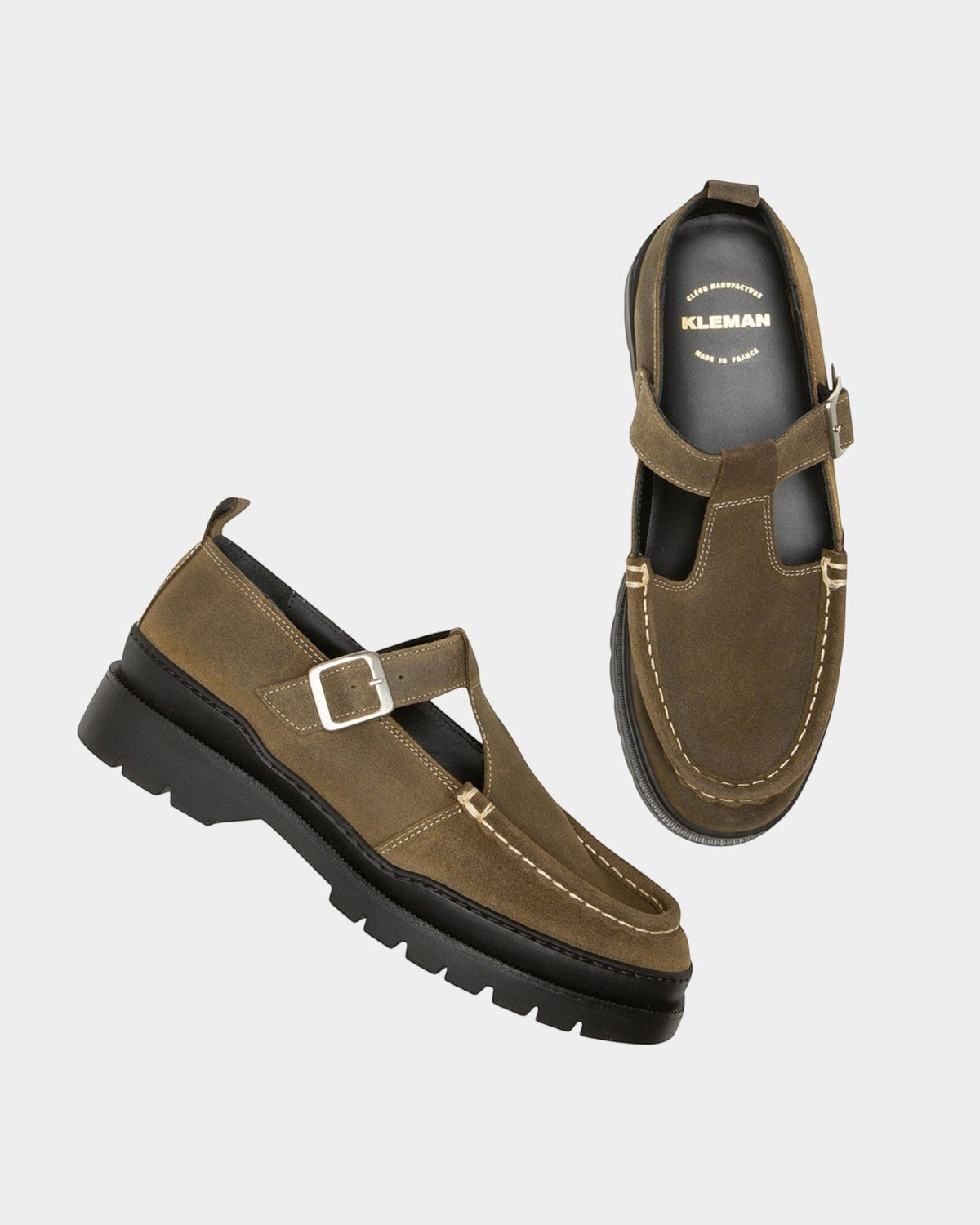 Lockwood Avenue Kleman Rade EC khaki waxed leather T-bar Mary Jane shoes with a buckled strap and rubber lug sole