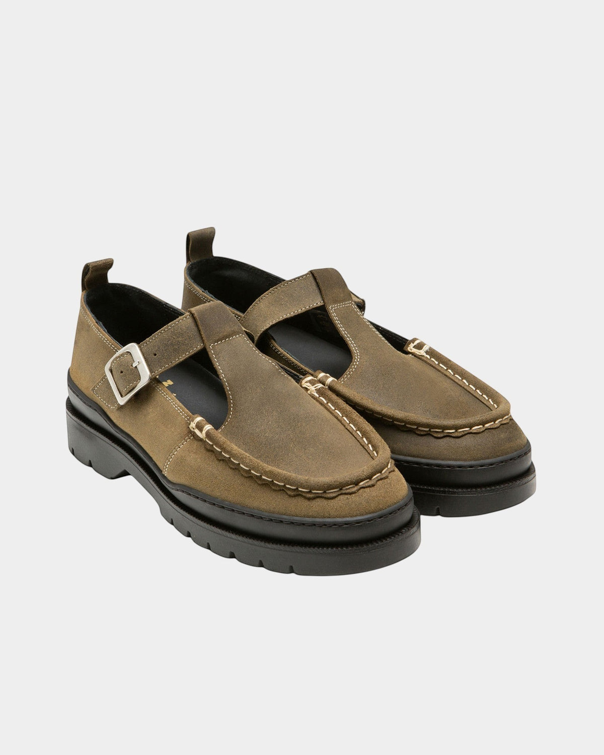 Lockwood Avenue Kleman Rade EC khaki waxed leather T-bar Mary Jane shoes with a buckled strap and thick lug sole.