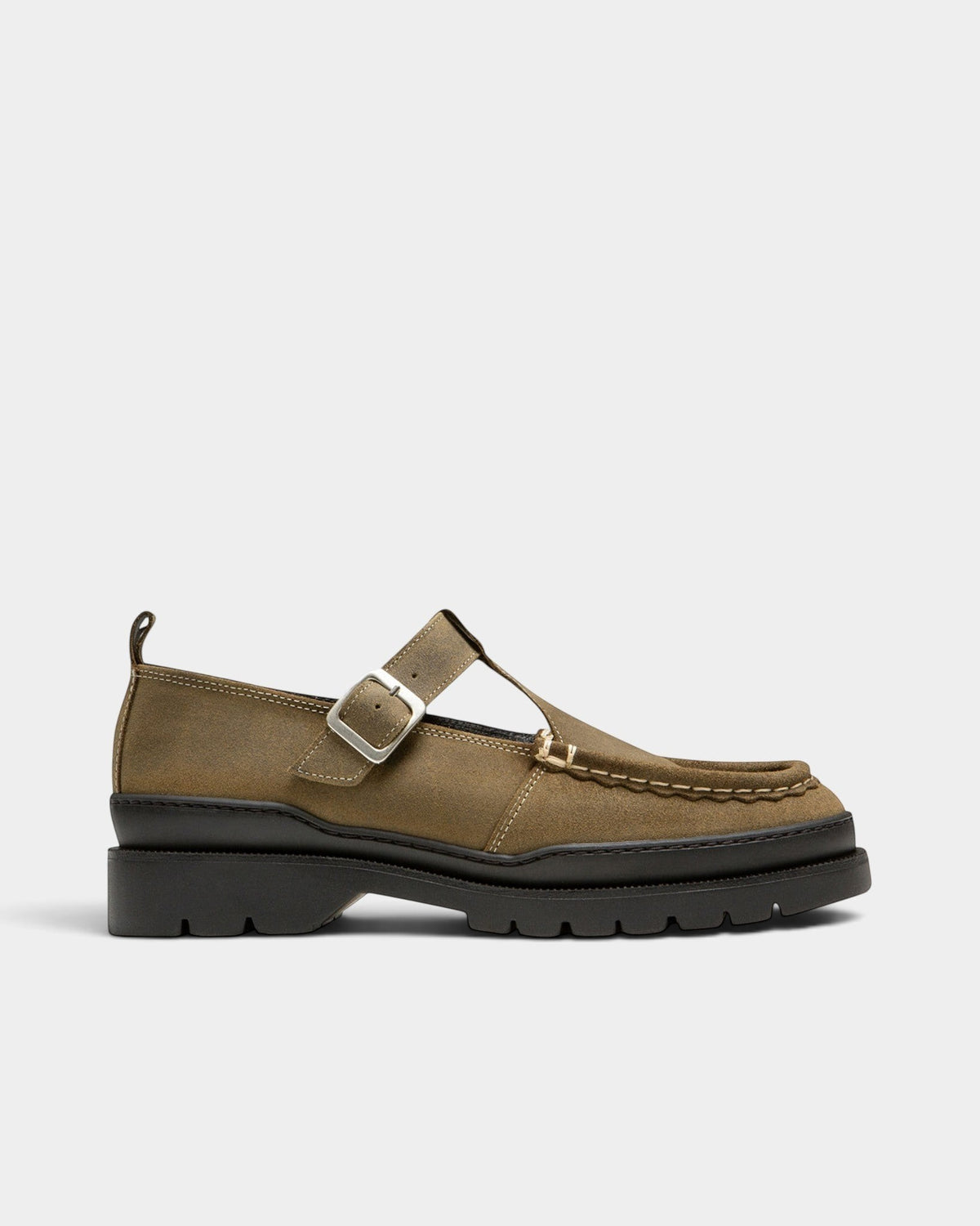 Lockwood Avenue Kleman Rade EC khaki waxed leather T-bar Mary Jane shoes with a buckled strap and rubber lug sole.