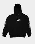 Lockwood Avenue Limosine Temptress black fleece hoodie with white heart logo on chest and fishnet sleeve print