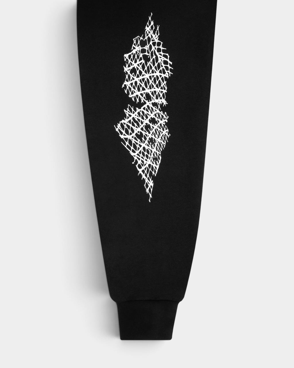 Lockwood Avenue Limosine Temptress hoodie sleeve featuring a white screen-printed fishnet design on black fleece