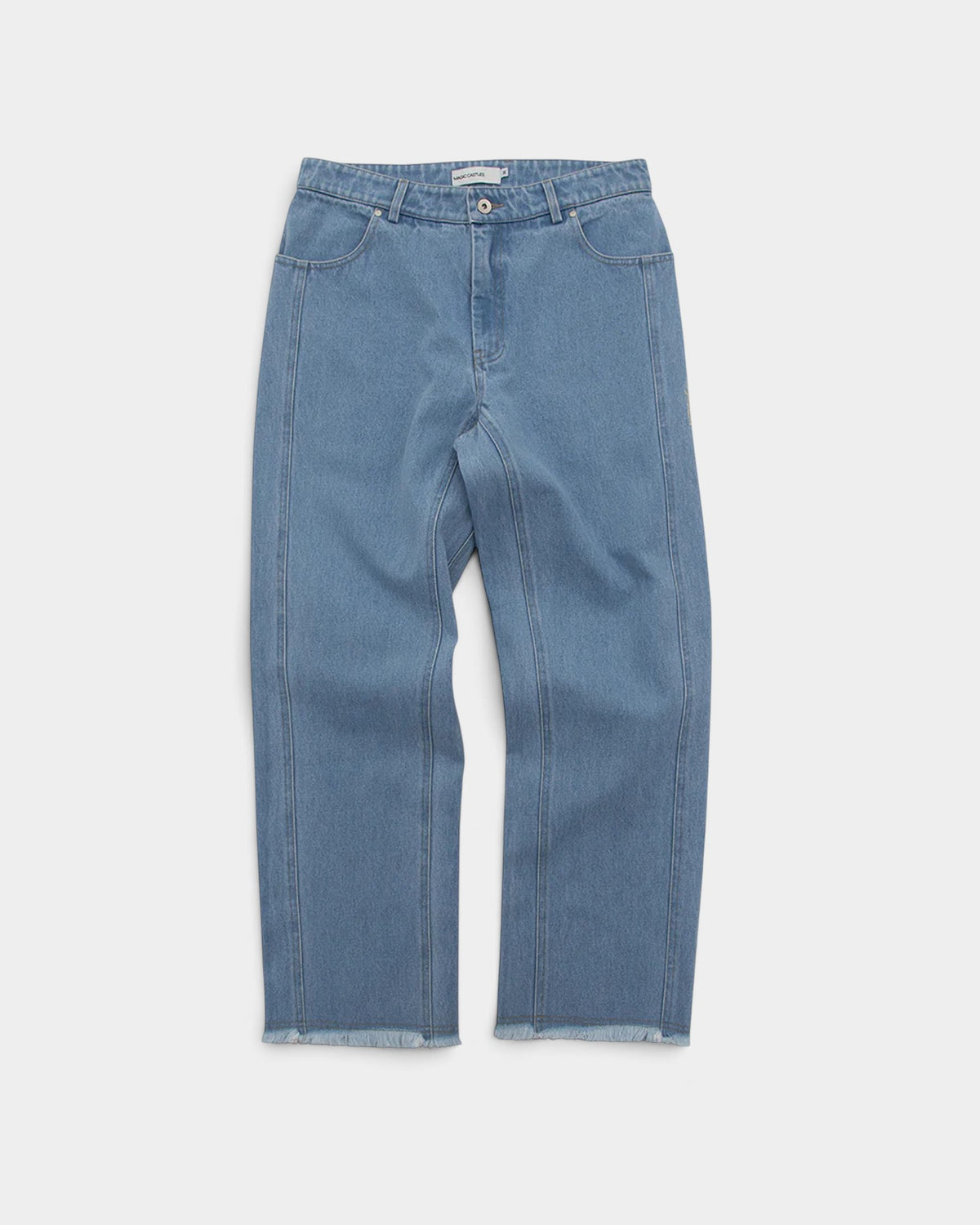 Lockwood Avenue Magic Castles blue denim jeans with vertical seams, loose fit, and raw-cut hem detail.