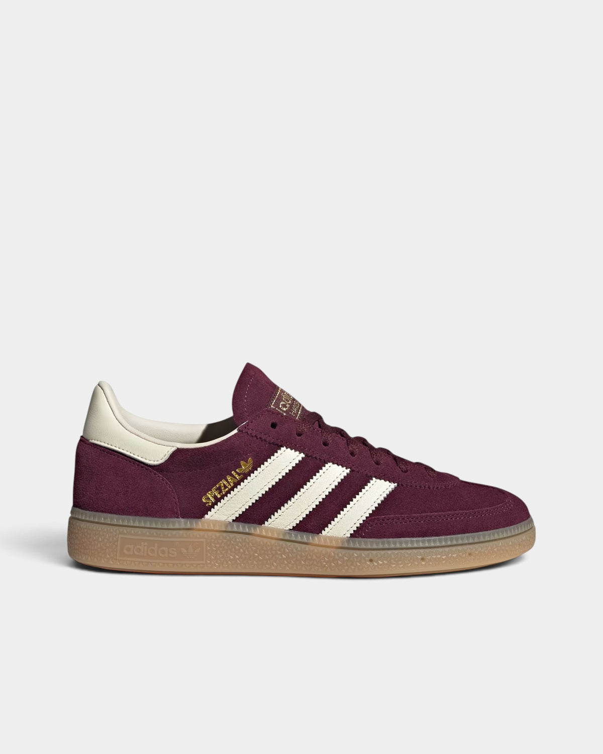 Lockwood Avenue adidas Handball Spezial shoes in maroon suede with cream white stripes, gold accents, and a gum sole.