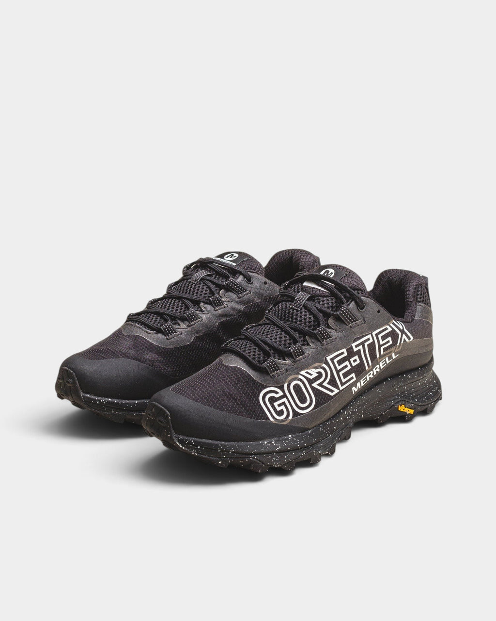 Lockwood Avenue Merrell Moab Speed GTX 1TRL black hiking sneakers with Gore-Tex branding and speckled Vibram sole