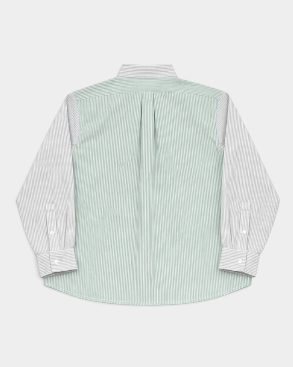 Back view of Lockwood Avenue Nowadays Magazine relaxed oxford shirt in mixed green and blue striped cotton panels.