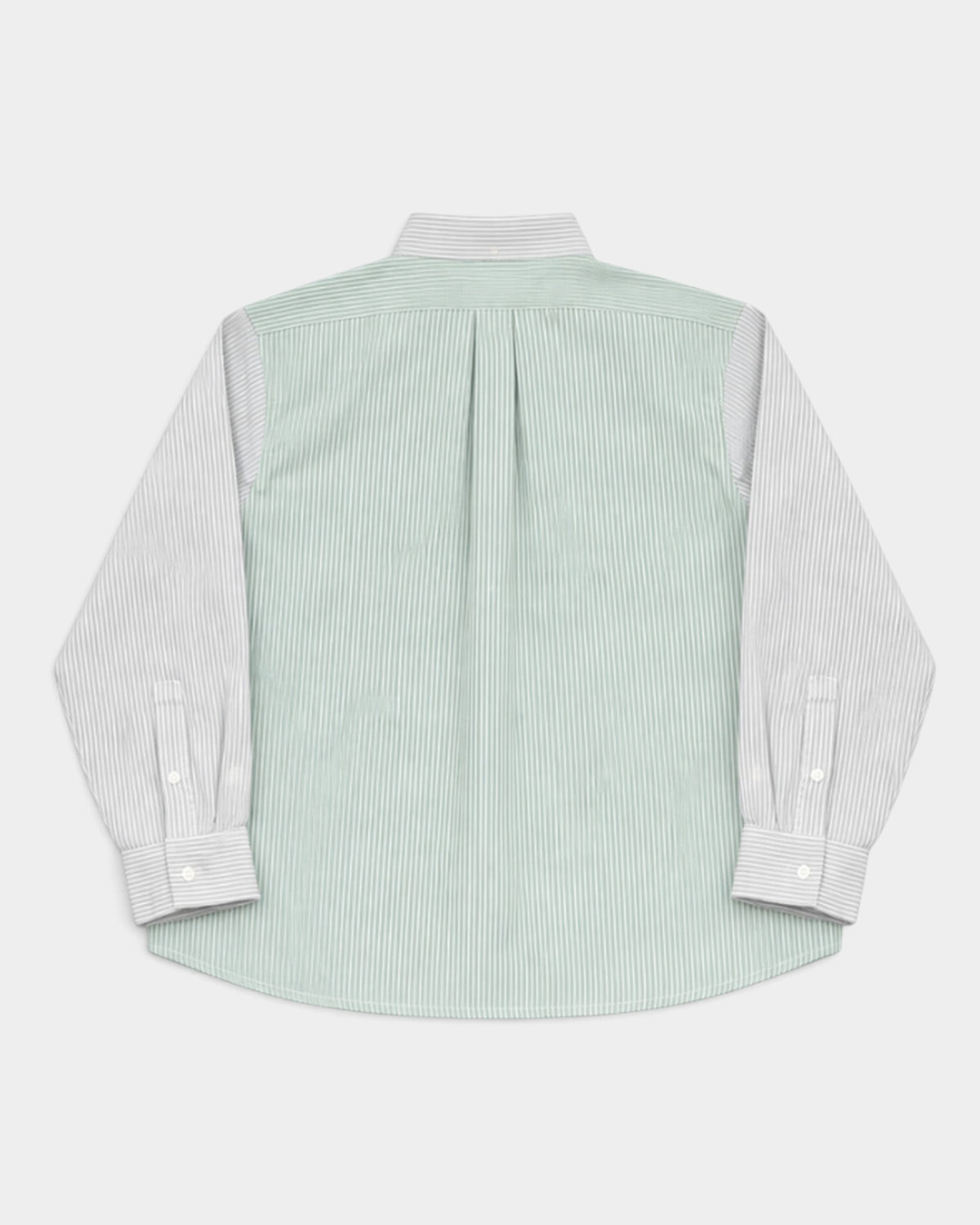 Back view of Lockwood Avenue Nowadays Magazine relaxed oxford shirt in mixed green and blue striped cotton panels.