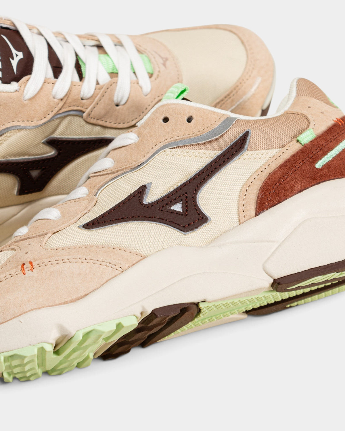 Lockwood Avenue Mizuno Sky Medal B retro runners in summer sand, chicory coffee, and mojave desert mesh and leather.