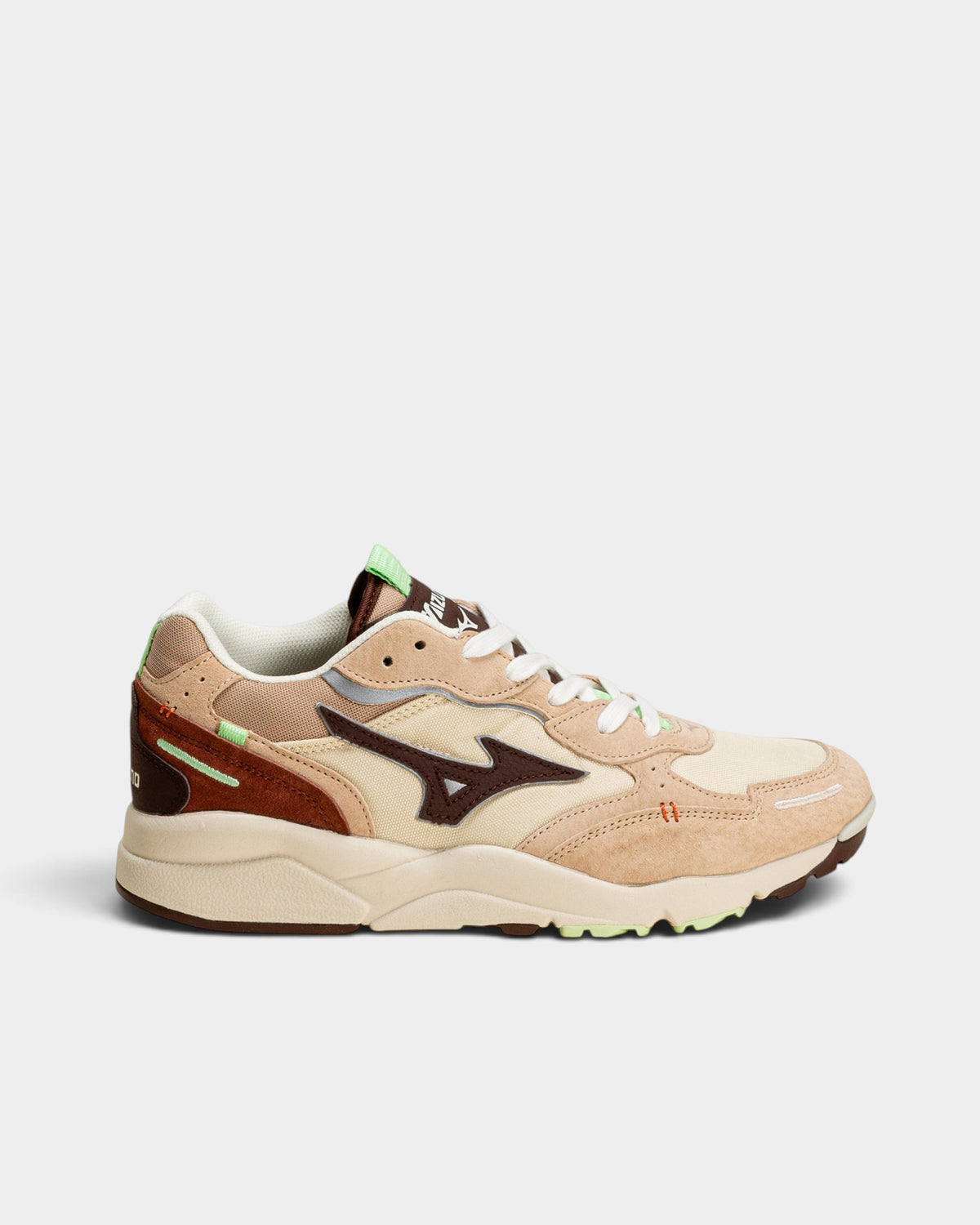 Lockwood Avenue Mizuno Sky Medal B retro runner in summer sand, chicory coffee, and mojave desert mesh and leather
