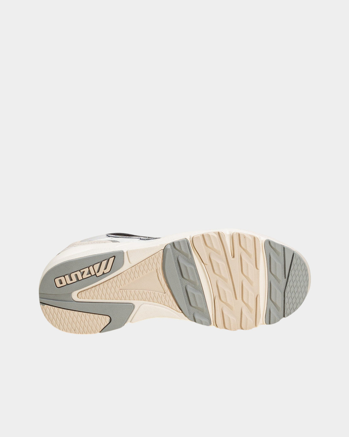 Lockwood Avenue Mizuno Sky Medal Beta retro runner showing the grey and sand rubber outsole with Mizuno branding