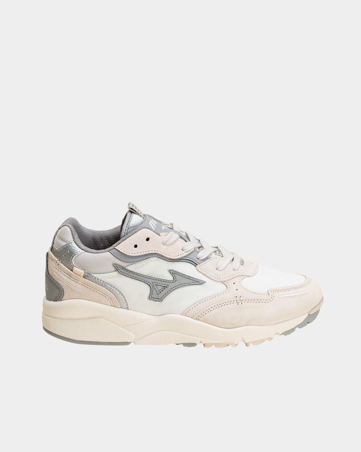 Lockwood Avenue Mizuno Sky Medal Beta retro runner in snow white, ultigray, and summer sand suede and canvas